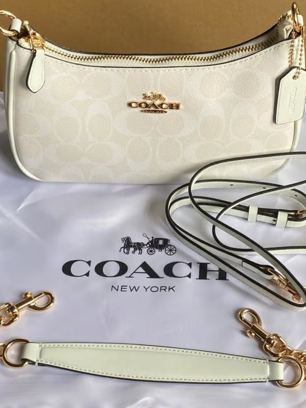 Coach Cream Signature Shoulder Bag with Gold Hardware